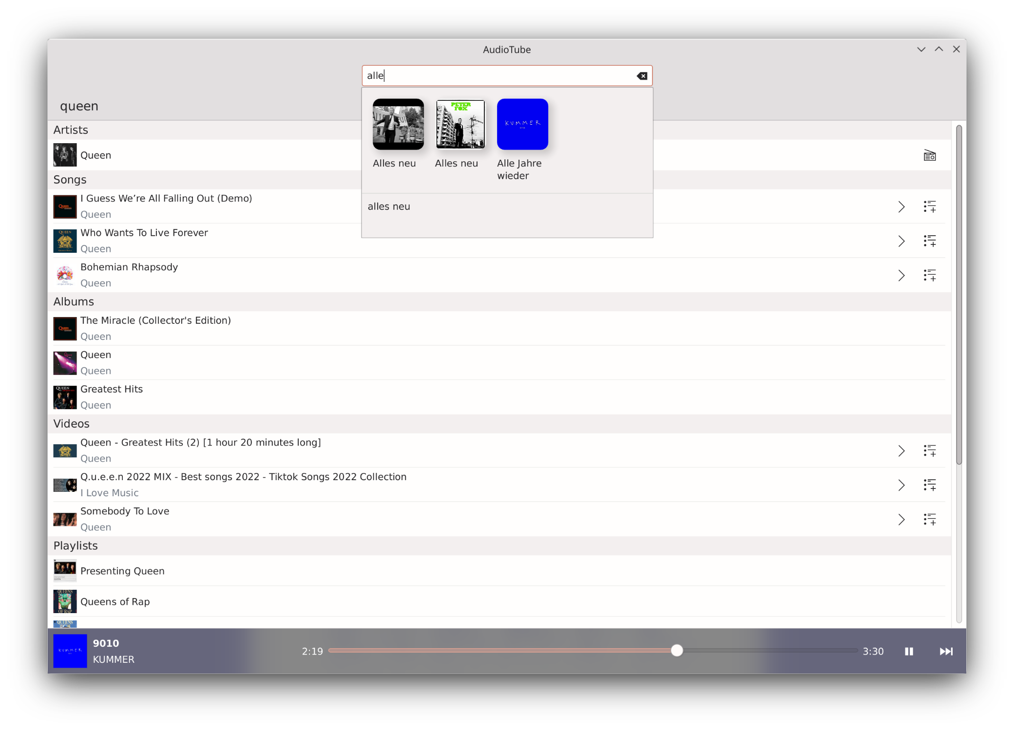 search dialogue which displays songs from your history